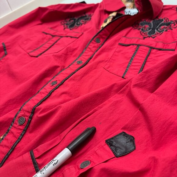 Vintage Y2K Montero Black Label Shirt Men XL Flip Cuff Embroidered Military Red - Picture 10 of 11